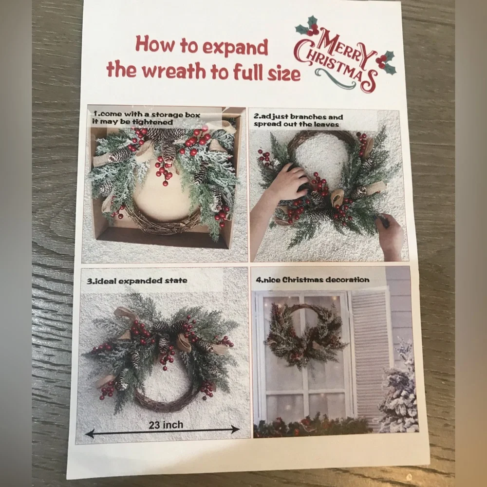 Festive Holiday Wreath with Red Berries, Pinecones and Artificial Snow
